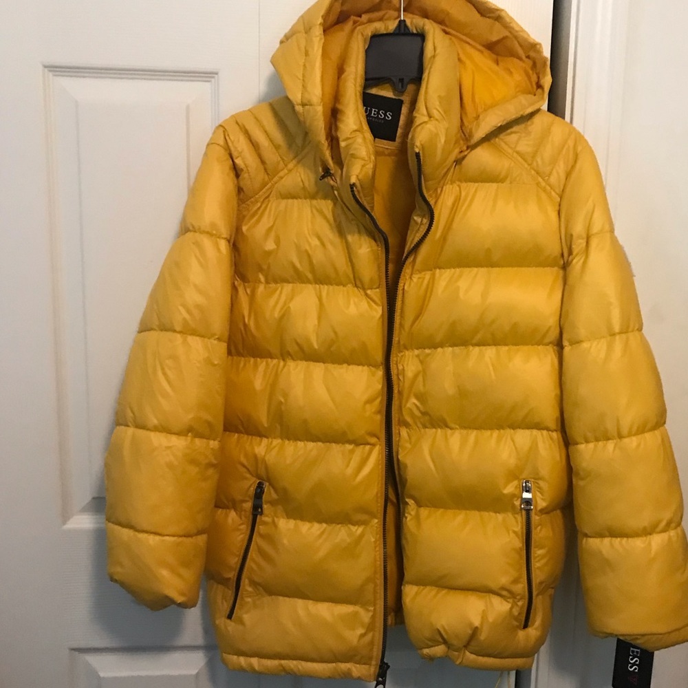 Guess parka packable yellow NWT XL
